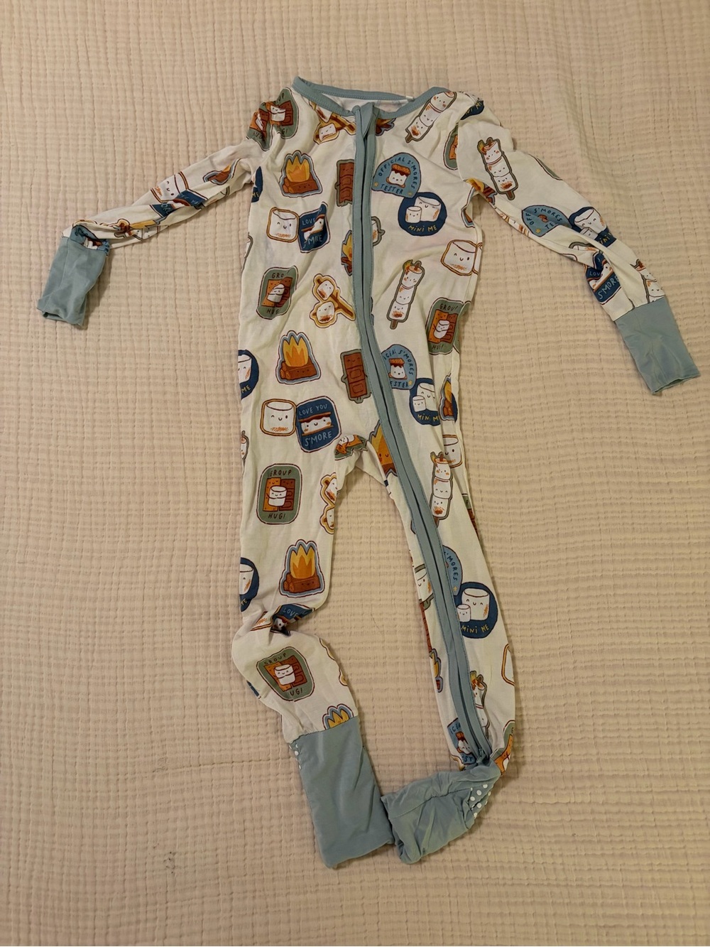 Angel Dear Cream Footed One-Piece Pajama with Blue Trim and Campfire Print